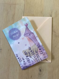 Wenskaart Baby Wieg Paars
